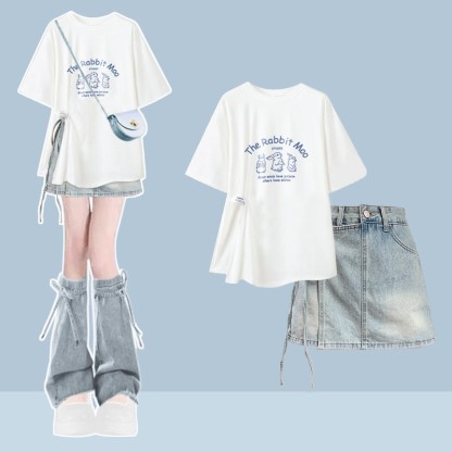 Irregular T-shirt Denim Shorts Matching Outfit - Two Pieces Set C - XL - image 3