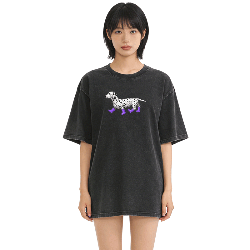 ダルメシアン柄Modakawaユニセックス ヴィンテージウォッシュドTシャツ - image 3