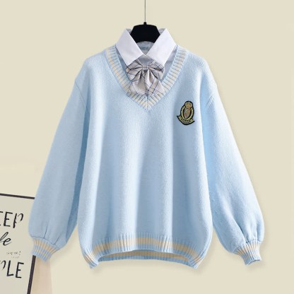 フェイクマッチング衣装 リボン装飾セーター プリーツスカート プラッシュパンツ マッチング衣装 - Blue Sweater - XL - image 5