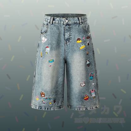 子犬柄ストライプポロシャツ、フード刺繍入りデニムクロップドパンツ、Modakawaお揃いコーデ - 青いパンツ - XL - image 5