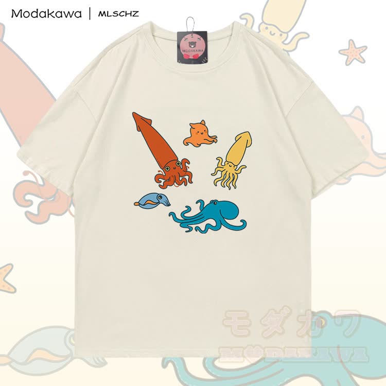 MODAKAWA × MLSCHZ イカとタコのグラフィックTシャツ100%綿グラデーションショーツ セットアップ - ライトベージュのTシャツ - 5XL - image 6