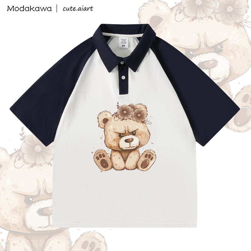 MODAKAWA × cute.aiart クマ柄100%綿ポロシャツ - White & Purplish Blue - 4XL - image 2