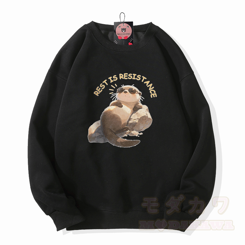 REST IS RESISTANCE カワウソ グラフィックModakawaユニセックス スウェットシャツ - 黒 - 5XL - image 4