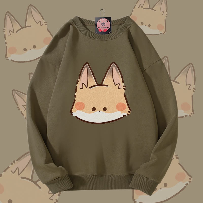 MODAKAWA キュートなキツネの顔グラフィック ユニセックス スウェットシャツ - Dark Khaki - 5XL - image 2