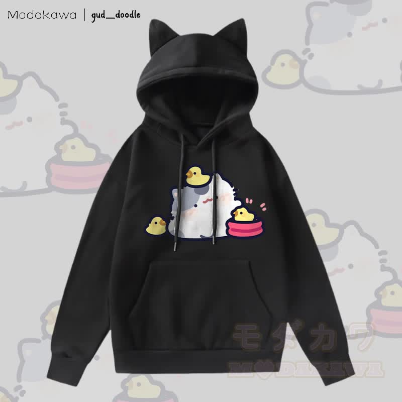 MODAKAWA x gud_doodleキティひよこグラフィックポケット付きフリース裏地パーカー（猫耳付き） - 黒 - 2XL - image 4