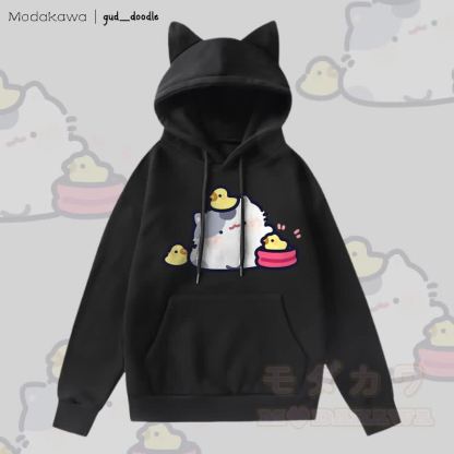 MODAKAWA x gud_doodleキティひよこグラフィックポケット付きフリース裏地パーカー（猫耳付き） - 黒 - 2XL - image 4
