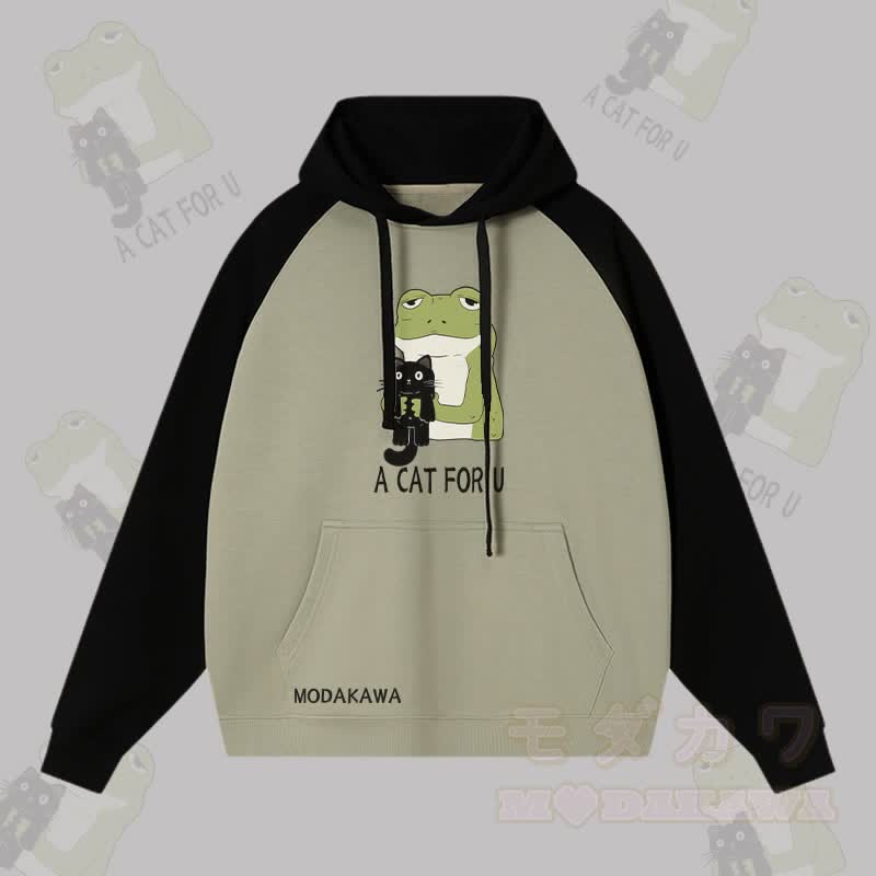 A CAT FOR U カエルを抱きしめる黒猫のグラフィック ストリートウェアカラーブロック パーカー - ブラック＆グリーン - 3XL - image 4