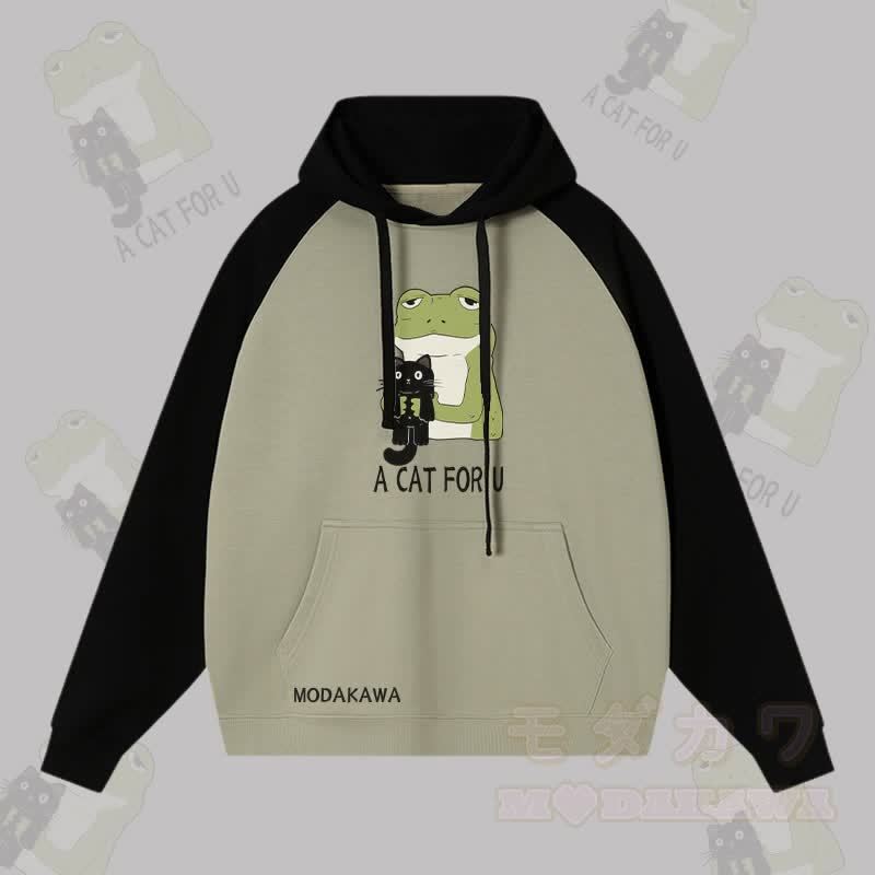 A CAT FOR U カエルを抱きしめる黒猫のグラフィック ストリートウェアカラーブロック パーカー - ブラック＆グリーン - 3XL - image 4