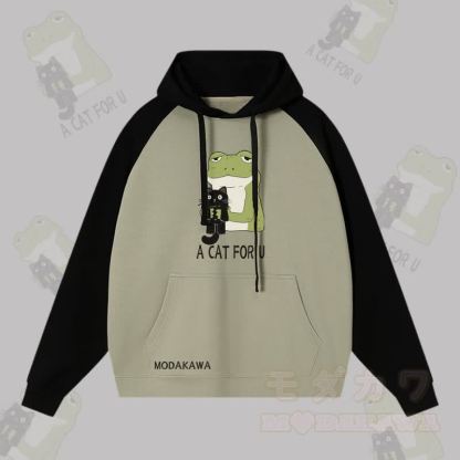 A CAT FOR U カエルを抱きしめる黒猫のグラフィック ストリートウェアカラーブロック パーカー - ブラック＆グリーン - 3XL - image 4