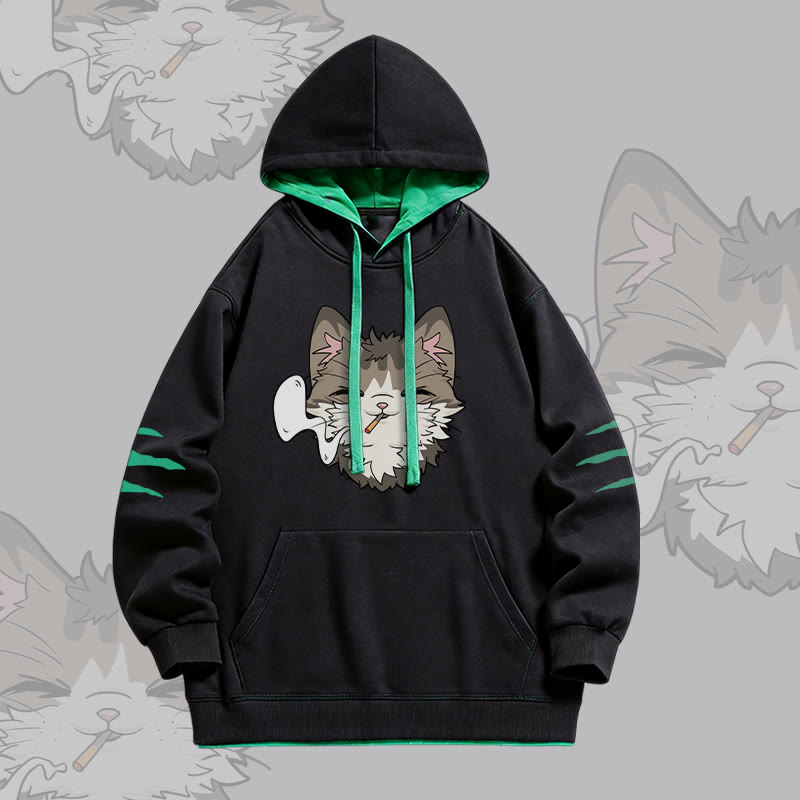 Smoking Cat Graphic Modakawa Oversized Contrast Lining Pullover Hoodie - Black - 4XL - image 3