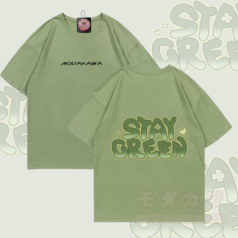 STAY GREEN グラフィックModakawa綿Tシャツ - 緑 - 5XL - image 4