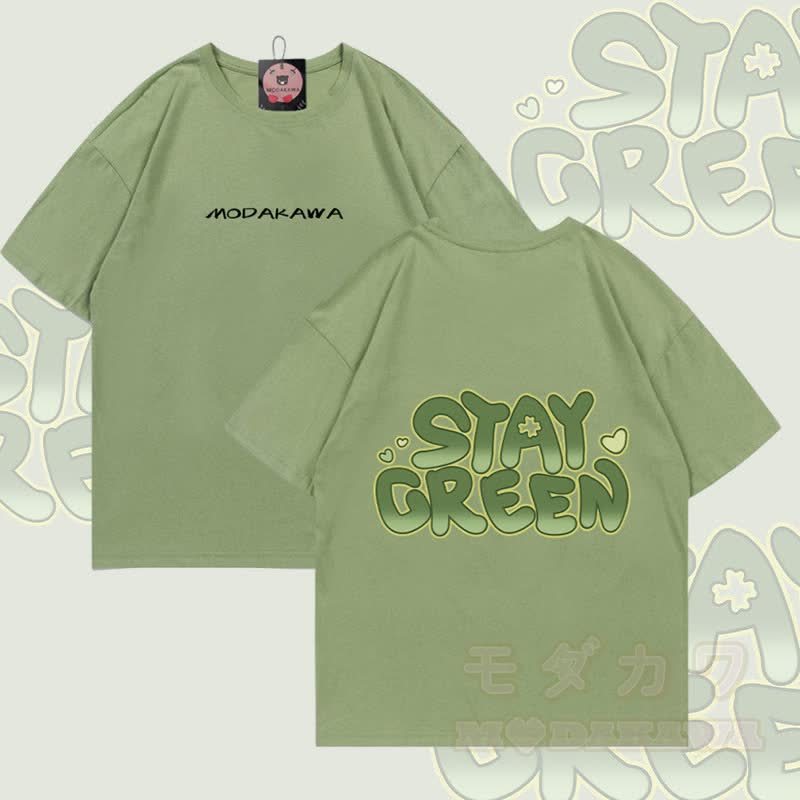 STAY GREEN グラフィックModakawa綿Tシャツ - 緑 - 5XL - image 4