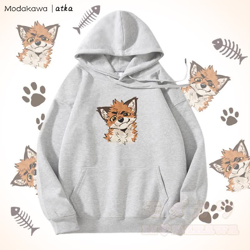 面白いキツネのグラフィックフリース裏地パーカー - グレー - 5XL - image 4