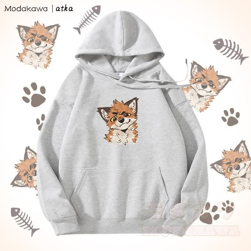 面白いキツネのグラフィックフリース裏地パーカー - グレー - 5XL - image 4