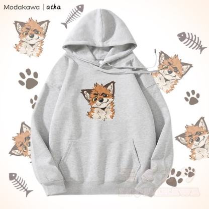 面白いキツネのグラフィックフリース裏地パーカー - グレー - 5XL - image 4