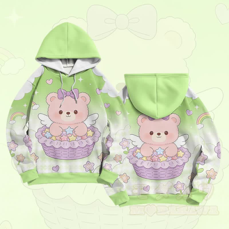 ケーキベアグラフィックModakawaカラーブロックプルオーバーパーカー - 緑 - 6XL - image 4