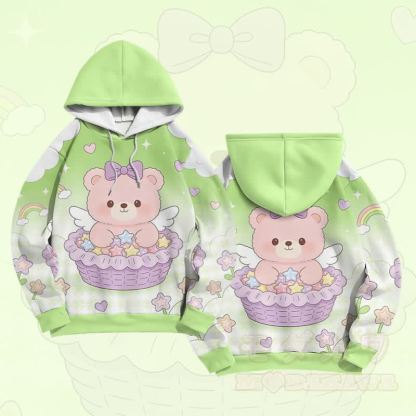 ケーキベアグラフィックModakawaカラーブロックプルオーバーパーカー - 緑 - 6XL - image 4