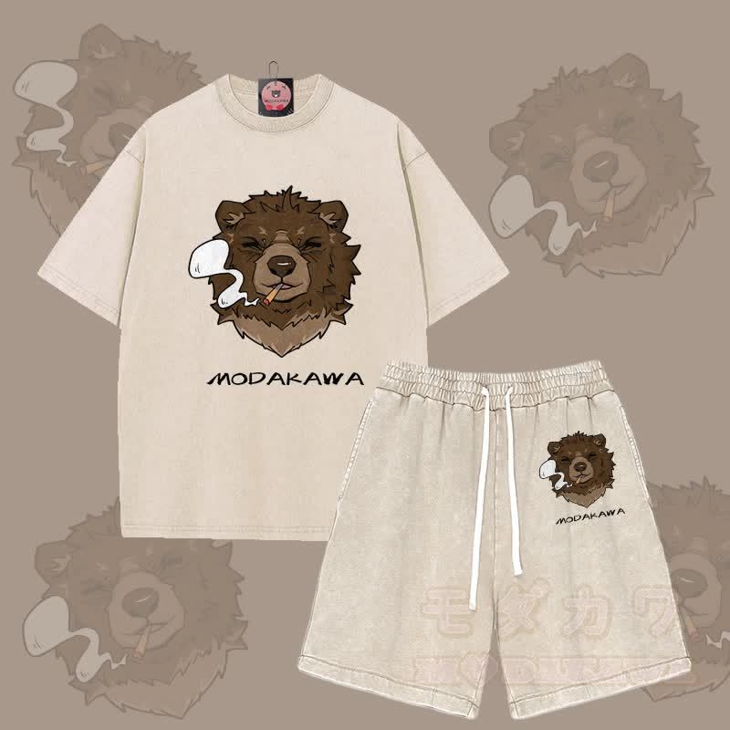 MODAKAWA スモーキングベアグラフィック ヴィンテージウォッシュTシャツ ショーツ 2点セット - アプリコット - 3XL - image 3