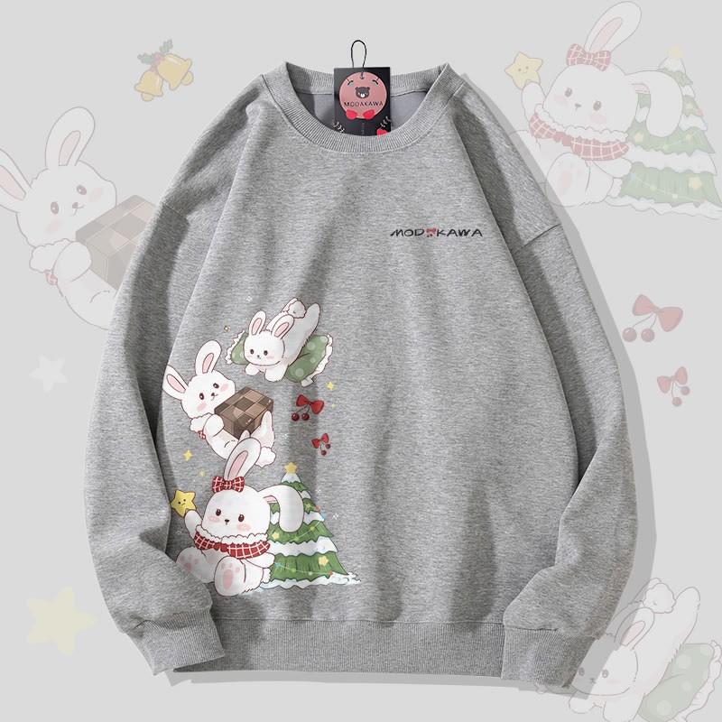 MODAKAWA 遊び心のあるバニーグラフィック ユニセックス スウェットシャツ - Grey - 5XL - image 3
