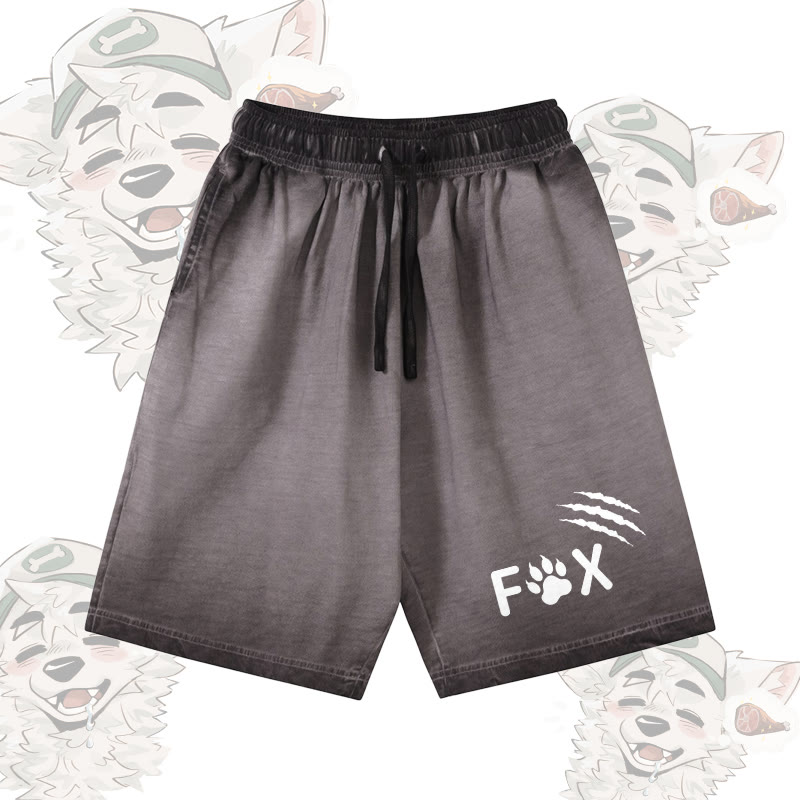 キツネの足跡グラフィック入りModakawa 100%綿グラデーション ヴィンテージウォッシュ加工 ダメージ加工 ショートパンツ - Grey - 5XL - image 2