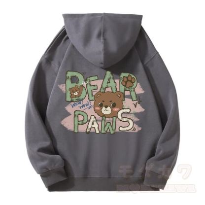 BEAR PAWS キュートなクマのグラフィック フリース裏地 ジップアップ パーカー スウェットシャツ - ダークグレー - 5XL - image 4