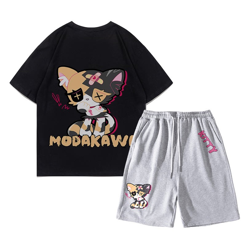 悲しいキティのグラフィックダーク美的Tシャツショーツ2点セット - ブラック＆グレー - あ - 5XL - image 16