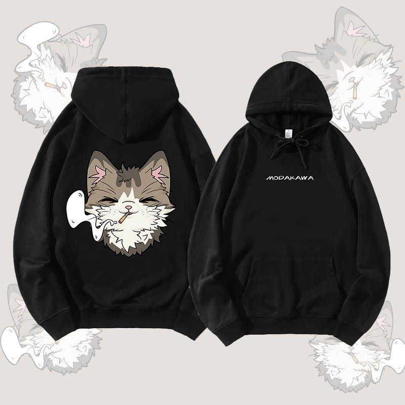 MODAKAWA スモーキングキャット グラフィック ストリートウェア プルオーバー パーカー - Black - 5XL - image 4