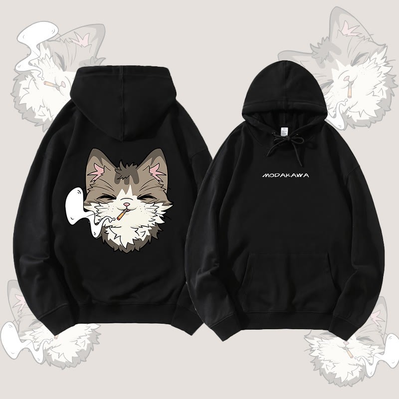 MODAKAWA スモーキングキャット グラフィック ストリートウェア プルオーバー パーカー - Black - 5XL - image 4
