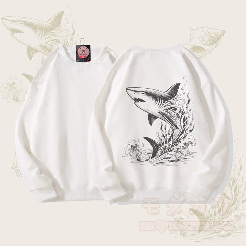 MODAKAWA オーシャンシャークグラフィック ユニセックス スウェットシャツ - 白 - 5XL - image 4