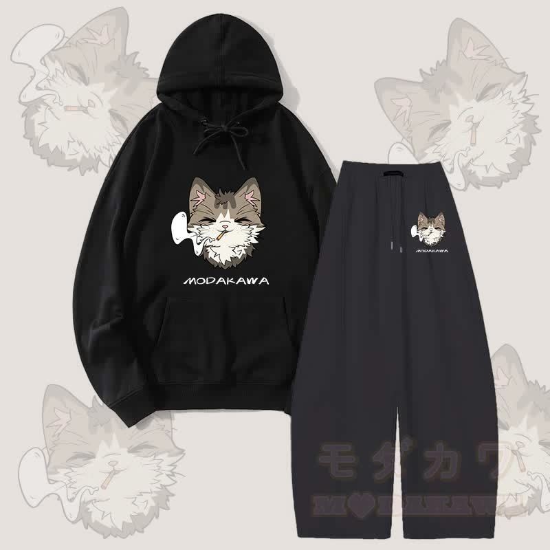 MODAKAWA スモーキングキャットグラフィックパーカー ワイドレッグパンツ 2点セット - 黒 - 5XL - image 7