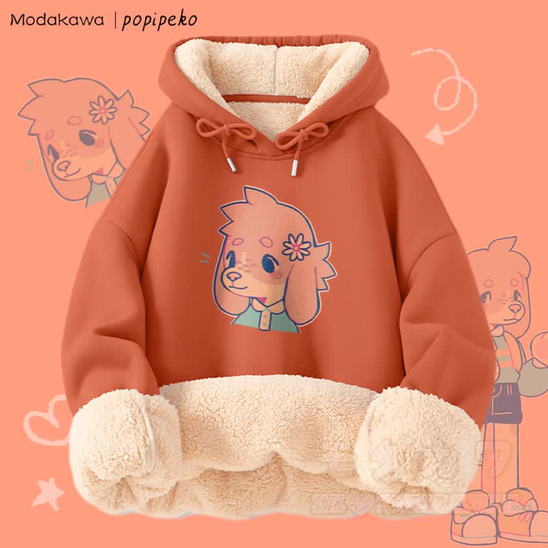 MODAKAWA X popipeko キュートな子犬のグラフィック 厚手裏起毛冬パーカー - オレンジB - 2XL - image 8
