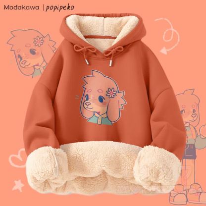 MODAKAWA X popipeko キュートな子犬のグラフィック 厚手裏起毛冬パーカー - オレンジB - 2XL - image 8