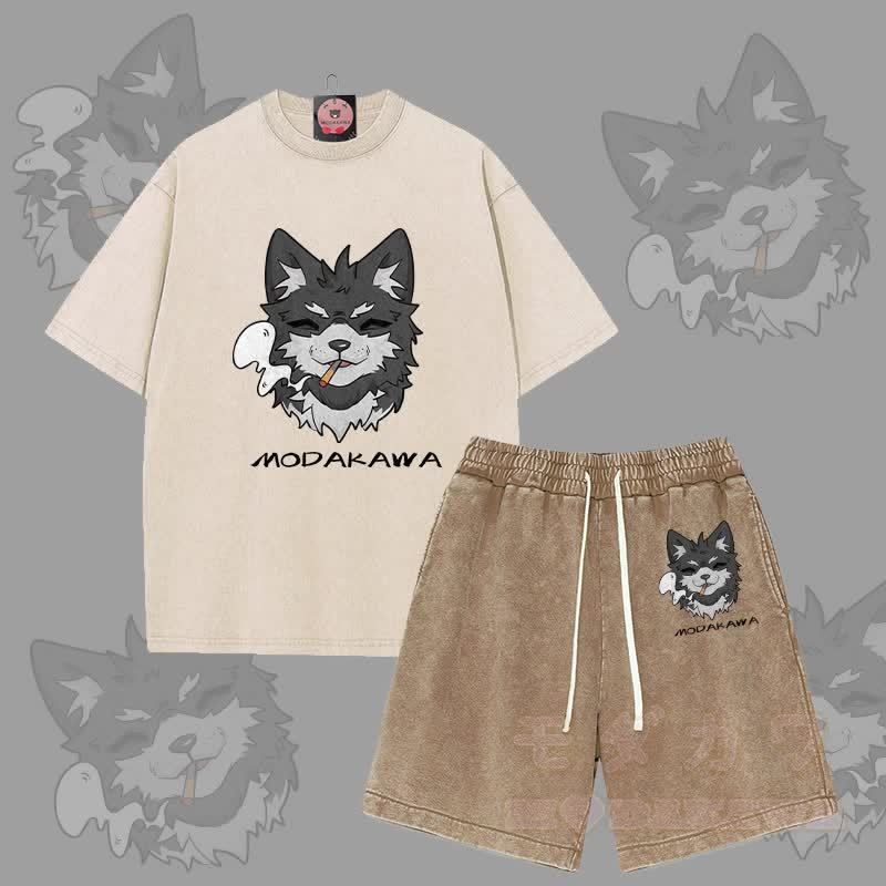 MODAKAWA スモーキングパピー グラフィック ヴィンテージウォッシュTシャツ ショーツ 2点セット - アプリコット＆ブラウン - 3XL - image 9