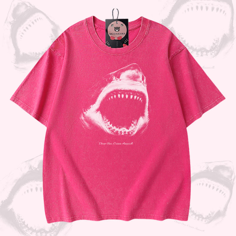 シャークマウスグラフィックModakawaヴィンテージウォッシュ加工100%綿Tシャツ - Rose Red - 5XL - image 4