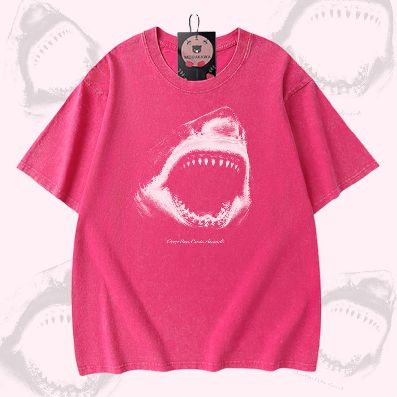 シャークマウスグラフィックModakawaヴィンテージウォッシュ加工100%綿Tシャツ - Rose Red - 5XL - image 4