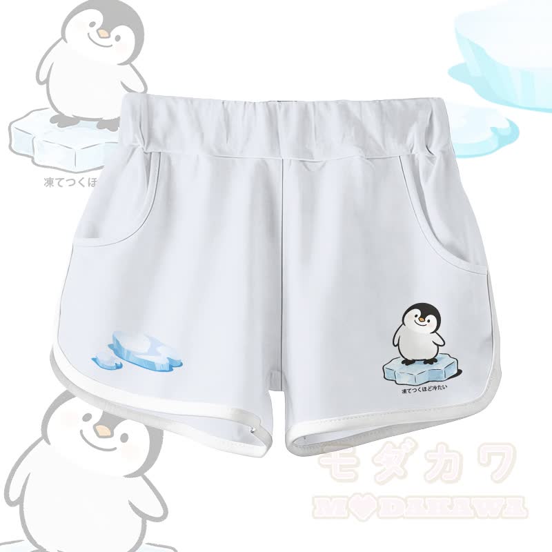 ペンギン柄100%綿Tシャツ グラデーションショーツModakawaツーピースセット - 白いショートパンツ - 5XL - image 6