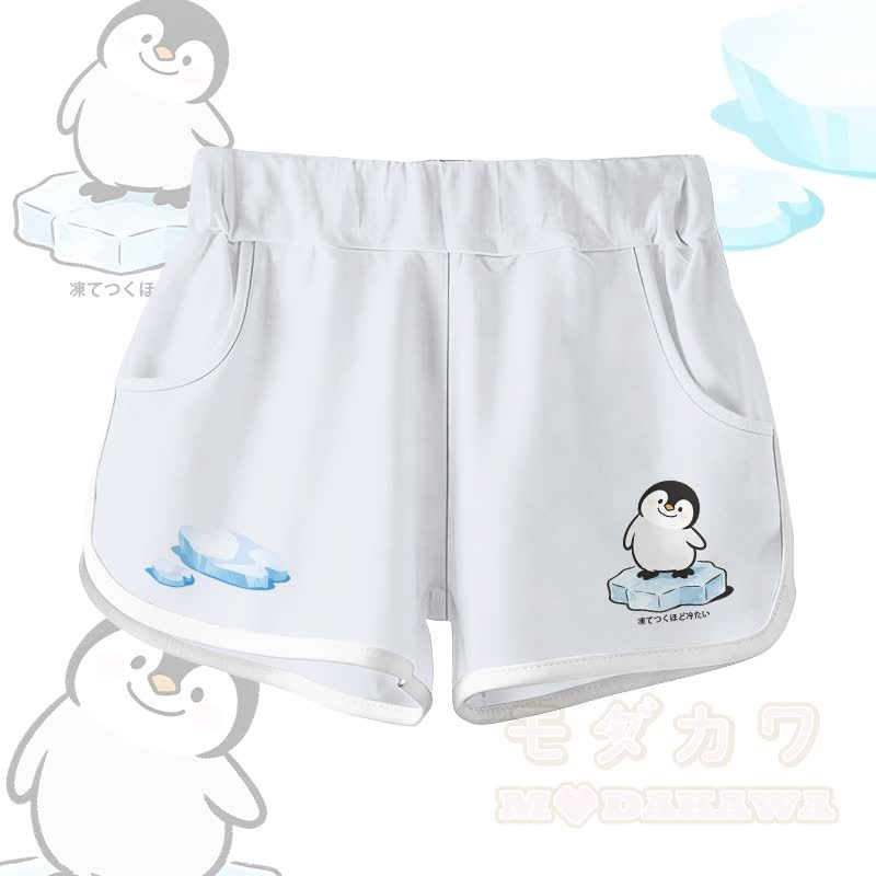 ペンギン柄100%綿Tシャツ グラデーションショーツModakawaツーピースセット - 白いショートパンツ - 5XL - image 6