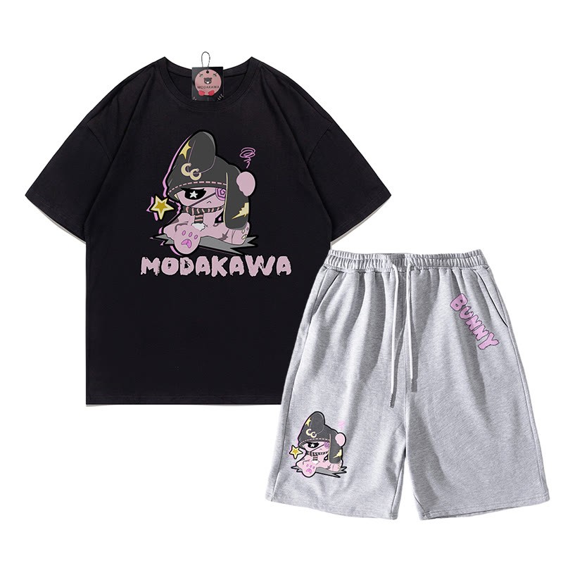 不幸なウサギのグラフィックダーク美学Tシャツショーツ2点セット - ブラック＆グレー - あ - 5XL - image 16