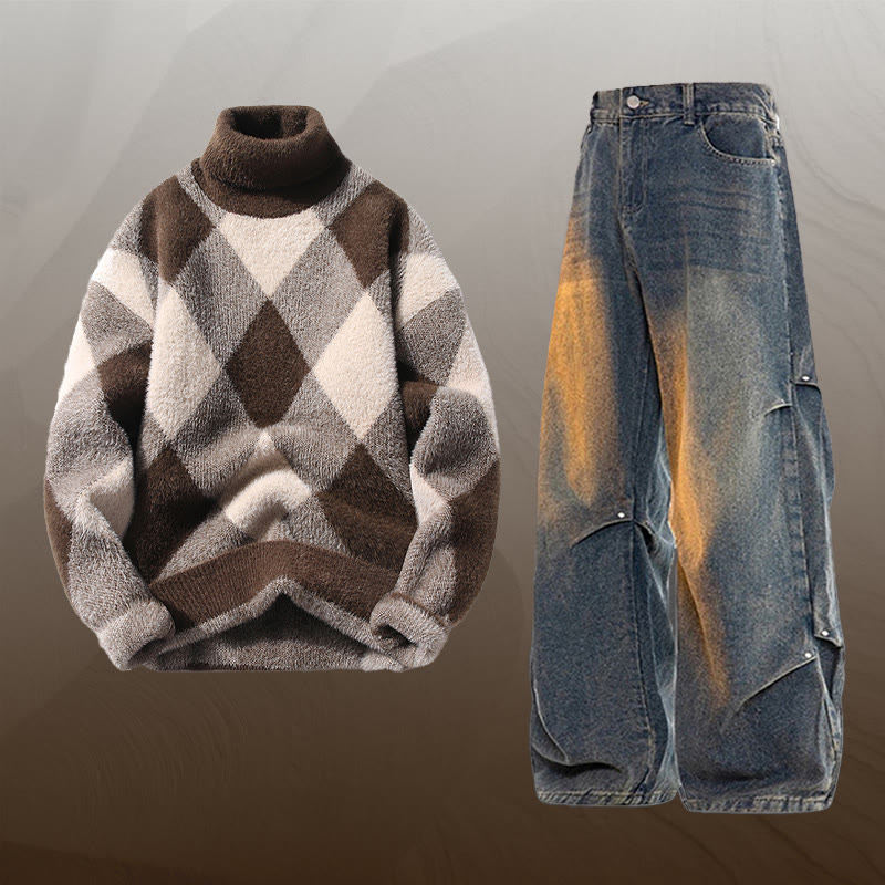 チェック柄ファジーニットセーターデニムパンツツーピース - Set B - 3XL - image 2