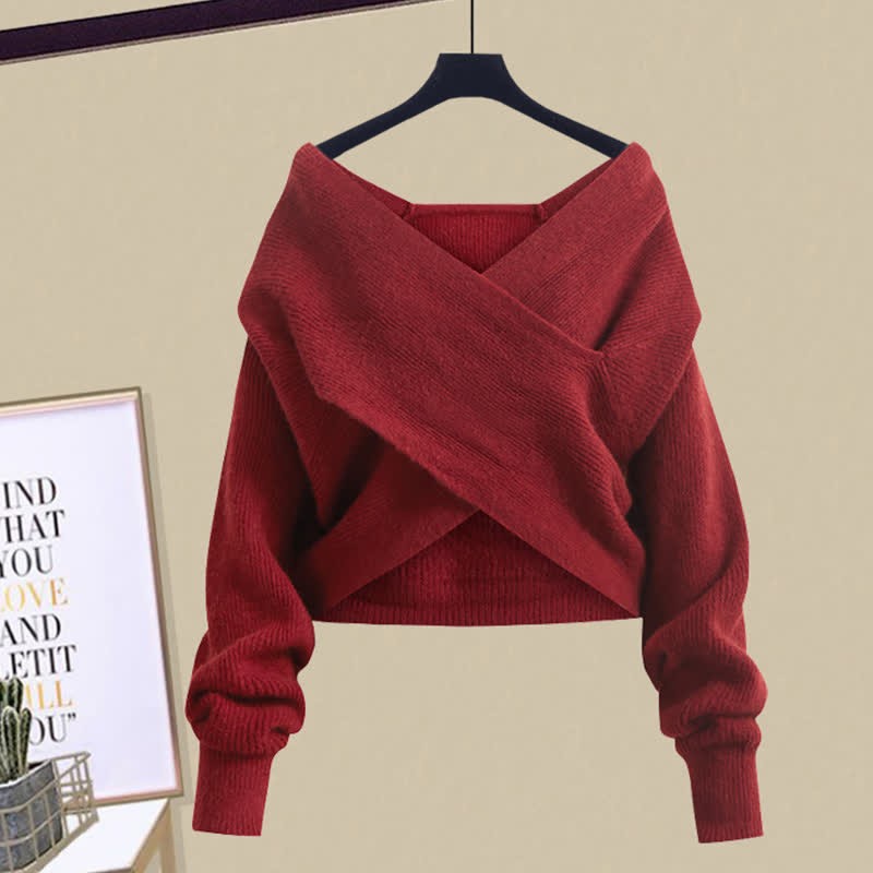 クロスニットセーターのフリルAラインスリップドレスとマッチングアウトフィット - Red Sweater - XL - image 11