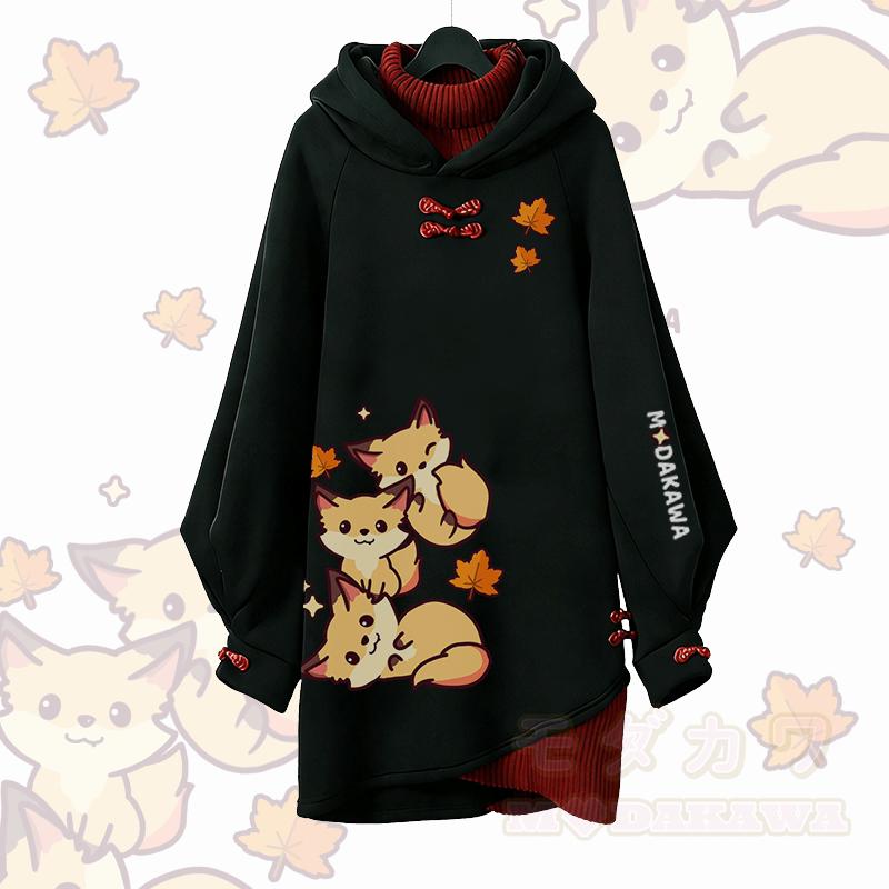 メープルリーフフォックスグラフィックModakawaバックルヴィンテージフード付きスウェットシャツドレス - ブラックB - 3XL - image 4