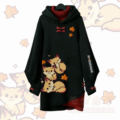 メープルリーフフォックスグラフィックModakawaバックルヴィンテージフード付きスウェットシャツドレス - ブラックB - 3XL - image 4