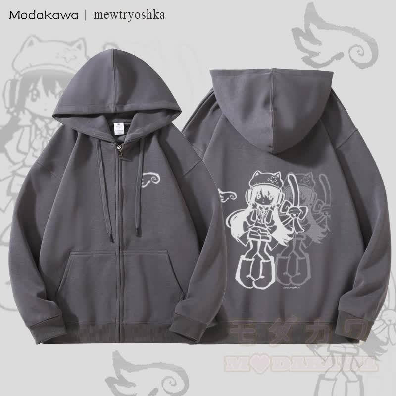 MODAKAWA X mewtryoshka シャドウウィングガール グラフィック 裏起毛 ジップアップ パーカー スウェットシャツ - ダークグレー - 5XL - image 3