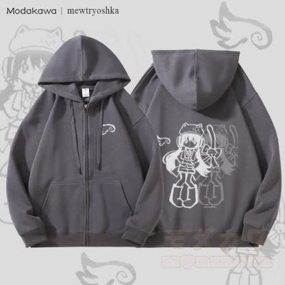 MODAKAWA X mewtryoshka シャドウウィングガール グラフィック 裏起毛 ジップアップ パーカー スウェットシャツ - ダークグレー - 5XL - image 3