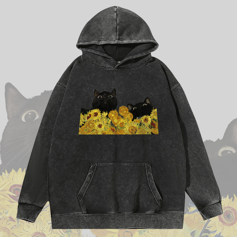 MODAKAWA ユニセックス ヴィンテージウォッシュドパーカー ひまわりの中の黒猫 グラフィックプルオーバー - Black - 2XL - image 3