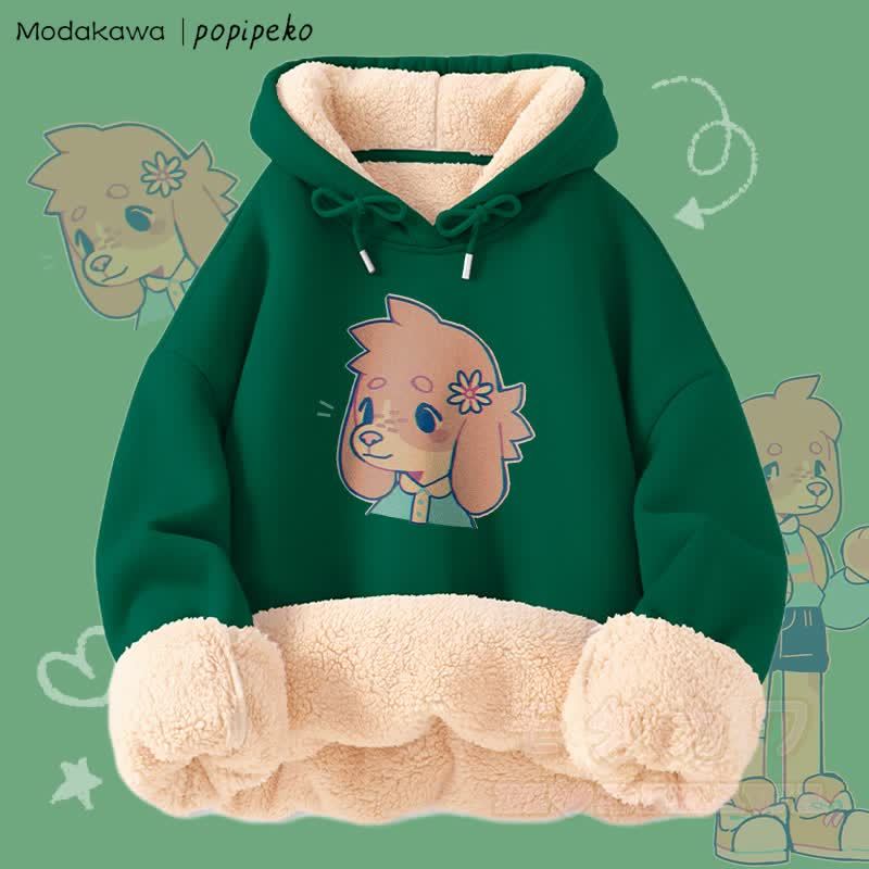 MODAKAWA X popipeko キュートな子犬のグラフィック 厚手裏起毛冬パーカー - 緑 - 2XL - image 9