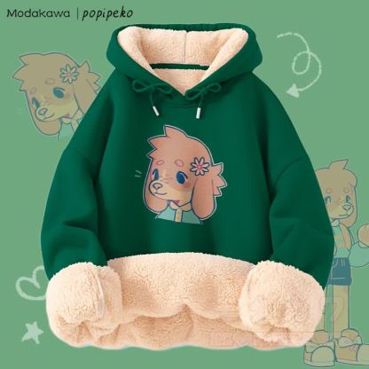 MODAKAWA X popipeko キュートな子犬のグラフィック 厚手裏起毛冬パーカー - 緑 - 2XL - image 9