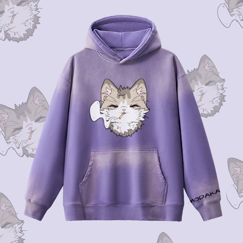 MODAKAWA スモーキングキャットグラフィック ヴィンテージウォッシュドフリース裏毛パーカー - Purple - 2XL - image 9