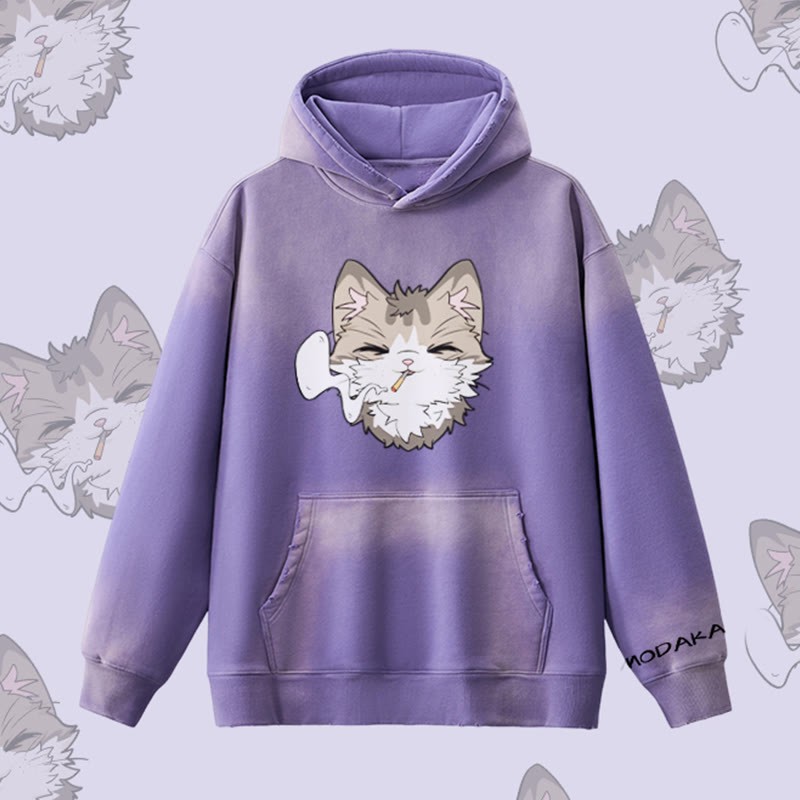MODAKAWA スモーキングキャットグラフィック ヴィンテージウォッシュドフリース裏毛パーカー - Purple - 2XL - image 9