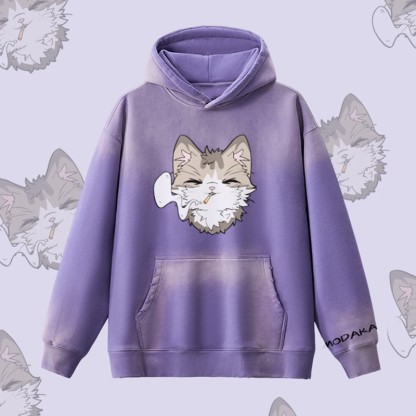 MODAKAWA スモーキングキャットグラフィック ヴィンテージウォッシュドフリース裏毛パーカー - Purple - 2XL - image 9